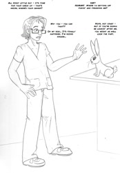 Size: 900x1294 | Tagged: safe, artist:arania, imported from derpibooru, angel bunny, human, rabbit, angry, animal, dialogue, duo, glasses, human to pony, male, male to female, monochrome, rule 63, transformation, transformation sequence, transgender transformation