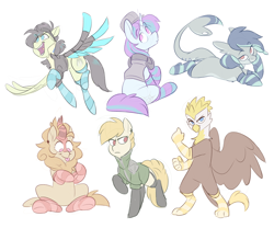 Size: 3772x3136 | Tagged: safe, artist:luximus17, imported from derpibooru, oc, oc:adroga, oc:airweb, oc:belisca, oc:geneva, oc:palisade, oc:plimmyra, earth pony, griffon, kirin, original species, pegasus, pony, shark, shark pony, unicorn, clothes, horn, socks