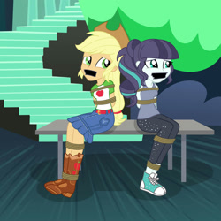 Size: 2000x2000 | Tagged: safe, artist:nie-martw-sie-o-mnie, imported from derpibooru, applejack, coloratura, human, equestria girls, bondage, bound and gagged, gag, rope, rope bondage, tape, tape gag, tied up