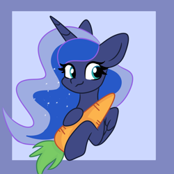 Size: 1600x1600 | Tagged: safe, artist:shirley., imported from derpibooru, princess luna, alicorn, pony, :3, abstract background, bust, carrot, female, food, mare, portrait, solo