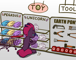 Size: 1260x1000 | Tagged: safe, artist:the-park, imported from derpibooru, fizzlepop berrytwist, tempest shadow, pony, first aid kit, horn, saw, shopping, shopping cart, simple background, solo, toy, white background, wings