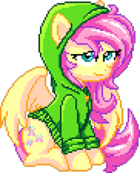 Size: 910x1120 | Tagged: safe, artist:epicvon, artist:godoffury, imported from derpibooru, fluttershy, pegasus, pony, clothes, female, hoodie, manepxls, mare, pixel art, pxls.space, simple background, solo, spread wings, transparent background, wings