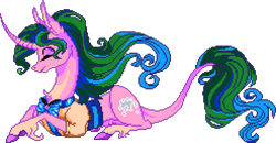 Size: 988x512 | Tagged: safe, artist:epicvon, artist:marbola, imported from derpibooru, mistmane, classical unicorn, pony, unicorn, clothes, cloven hooves, curved horn, eyes closed, female, horn, leonine tail, lying down, manepxls, mare, pixel art, prone, pxls.space, shirt, simple background, smiling, solo, tail, transparent background, unshorn fetlocks