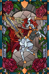 Size: 2403x3600 | Tagged: safe, artist:skuttz, imported from derpibooru, oc, oc:mercy, pony, unicorn, armor, cape, clothes, flower, horn, rose, solo, stained glass, sword, weapon