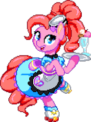 Size: 944x1272 | Tagged: safe, artist:dstears, artist:epicvon, imported from derpibooru, pinkie pie, earth pony, pony, coinky-dink world, eqg summertime shorts, equestria girls, bow, clothes, cute, dress, equestria girls ponified, female, food, hair bow, hat, ice cream, looking at you, manepxls, mare, open mouth, pixel art, ponified, pxls.space, roller skates, server pinkie pie, simple background, skates, skating, smiling, solo, transparent background, waitress