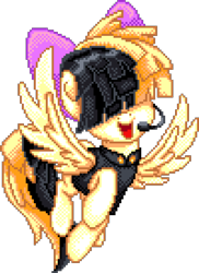 Size: 1000x1370 | Tagged: safe, artist:dasheroni, imported from derpibooru, songbird serenade, pegasus, pony, my little pony: the movie, bow, female, flying, hair bow, hair over eyes, headworn microphone, manepxls, mare, microphone, open mouth, pixel art, pxls.space, sia (singer), simple background, solo, spread wings, transparent background, wings