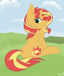 Size: 2424x2864 | Tagged: safe, artist:tkshoelace, imported from derpibooru, sunset shimmer, pony, unicorn, cloud, g5, grassy hills, horn, looking over shoulder, sitting, solo