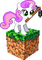 Size: 1035x1485 | Tagged: safe, artist:epicvon, imported from derpibooru, sweetie belle, pony, unicorn, female, filly, foal, horn, manepxls, minecraft, pickaxe, pixel art, pxls.space, simple background, solo, transparent background