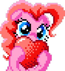 Size: 880x960 | Tagged: safe, artist:lukaat, artist:oshitsukiryuu, imported from derpibooru, pinkie pie, earth pony, pony, cute, female, floppy ears, heart, holding, manepxls, mare, pixel art, pxls.space, simple background, solo, transparent background