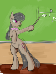 Size: 1280x1677 | Tagged: safe, imported from derpibooru, octavia melody, earth pony, pony, 30 minute art challenge, bipedal, bowtie, chalk, chalkboard, female, mare, music notes, pointer, solo