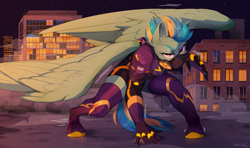 Size: 4241x2507 | Tagged: safe, artist:hakkids2, imported from derpibooru, oc, oc:vindi, anthro, pegasus, armor, clothes, rooftop, shadowbolts, socks, solo, thigh highs