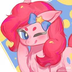 Size: 2108x2108 | Tagged: safe, artist:隔缠, imported from derpibooru, pinkie pie, earth pony, pony, abstract background, bow, female, hoof on cheek, looking at you, mare, one eye closed, solo, starry eyes, tongue out, wingding eyes, wink