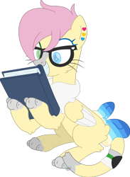 Size: 938x1281 | Tagged: safe, artist:pure-blue-heart, imported from derpibooru, oc, oc only, oc:banana smoothie, cat, cat pony, original species, pegasus, blank flank, book, cat paws, cat tail, ear piercing, earring, female, fluffy, glasses, heterochromia, jewelry, mare, mare oc, paws, pegasus oc, piercing, pride, pridesona, simple background, sitting, tail, transparent background, watermark, wings