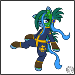 Size: 2000x2000 | Tagged: safe, artist:dice-warwick, imported from derpibooru, oc, oc only, oc:tapper tablature, original species, pony, fallout equestria, fallout equestria: dance of the orthrus, beauty mark, clothes, ear piercing, eyebrow piercing, eyebrows, fanfic art, female, jumpsuit, mare, mirage pony, piercing, simple background, solo, spots, transparent background, vault suit