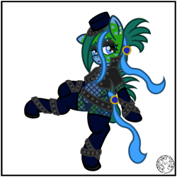 Size: 2000x2000 | Tagged: safe, artist:dice-warwick, imported from derpibooru, oc, oc only, oc:tapper tablature, original species, pony, fallout equestria, fallout equestria: dance of the orthrus, beauty mark, belly button, belly piercing, belts, bodysuit, boots, clothes, dark makeup, ear piercing, eyebrow piercing, eyebrows, fanfic art, female, fishnet clothing, fishnets, gloves, hat, jacket, leather, leather jacket, lipstick, long gloves, mare, mirage pony, panties, piercing, punk, shoes, simple background, socks, solo, spots, thigh boots, thigh highs, thong, transparent background, underwear