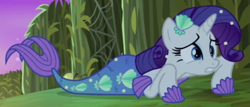 Size: 1827x781 | Tagged: safe, imported from derpibooru, screencap, rarity, mermaid, merpony, scare master, cropped, fish tail, mermaid tail, mermaidized, mermarity, seashell, solo, species swap, tail, transformed, what happened to me