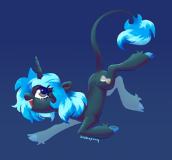 Size: 2196x2046 | Tagged: safe, artist:bishopony, imported from derpibooru, oc, oc only, oc:abyssal star, classical unicorn, unicorn, black coat, blue eyes, blue mane, cloven hooves, fluffy mane, horn, hourglass, leonine tail, lionel tail, open mouth, teeth, unshorn fetlocks