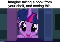 Size: 711x500 | Tagged: safe, edit, edited screencap, imported from derpibooru, screencap, twilight sparkle, alicorn, amending fences, bookhorse, bookshelf, bronybait, caption, cute, happy, horn, image macro, imgflip, looking at you, open mouth, open smile, smiling, smiling at you, solo, text, twiabetes, twilight sparkle (alicorn)