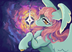 Size: 2100x1500 | Tagged: safe, artist:slimeprints, imported from derpibooru, oc, oc only, oc:searchlight, pegasus, pony, bust, female, solo, solo female, starry eyes, stars, wing ears, wingding eyes, wings, wip