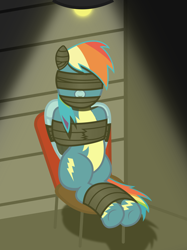 Size: 2394x3209 | Tagged: safe, artist:cardshark777, imported from derpibooru, rainbow dash, pegasus, blindfold, bondage, bound and gagged, bound wings, chair, clothes, corner, digital art, female, gag, garage door, helpless, hooves behind back, lamp, mare, rainbond dash, shadow, sitting, solo, tape, tape bondage, tape gag, tied up, uniform, wings, wonderbolts uniform