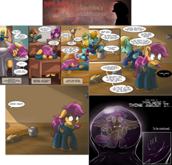 Size: 2482x2371 | Tagged: safe, artist:redheadfly, imported from derpibooru, button mash, lightning dust, lily longsocks, scootaloo, pony, comic:dps, comic, mop, older, sleeping
