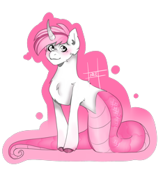 Size: 1500x1600 | Tagged: safe, artist:nezrinxo, imported from derpibooru, oc, oc only, oc:sweet irony, lamia, original species, unicorn, chest fluff, curved horn, female, gradient background, horn, mare, partial background, smiling, solo
