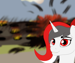 Size: 2195x1825 | Tagged: safe, artist:kujivunia, imported from derpibooru, oc, oc only, oc:red rocket, unicorn, colored, destruction, explosion, fire, flat colors, horn, meme, smiling, three quarter view
