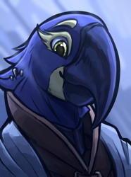 Size: 1560x2100 | Tagged: safe, artist:stardustspix, imported from derpibooru, oc, oc only, oc:alipha devellei conorus, avian, bird, hyacinth macaw, macaw, parrot, equestria at war mod, bust, clothes, piercing, portrait, solo