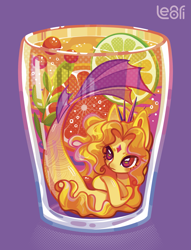 Size: 1517x1988 | Tagged: safe, artist:lenori, imported from derpibooru, adagio dazzle, aria blaze, sonata dusk, merpony, pony, seapony (g4), siren, equestria girls, alcohol, cocktail, cocktail glass, colorful, drink, fish tail, halftone, juice, lemonade, lime, solo, tail, the dazzlings