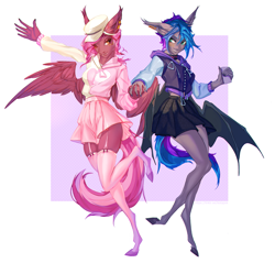 Size: 2553x2444 | Tagged: safe, artist:ls0tapok, imported from derpibooru, oc, oc only, oc:lyssa, oc:zeny, anthro, bat pony, pegasus, plantigrade anthro, abstract background, bat pony oc, bat wings, cap, choker, clothes, duo, duo female, ear fluff, ear piercing, face paint, fangs, female, garter belt, garters, hat, holding hands, hoodie, jacket, jewelry, mare, phone, piercing, pin, pleated skirt, pose, siblings, sisters, skirt, socks, standing, stockings, symbol, thigh highs, varsity jacket, wings