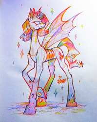 Size: 1975x2476 | Tagged: safe, artist:jehr, imported from derpibooru, rarity, changeling, unicorn, changeling wings, changelingified, colored pencil drawing, holes, horn, long legs, long neck, long pony, paper, pencil drawing, rainbow, solo, sparkles, species swap, traditional art, wings