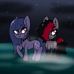 Size: 1500x1500 | Tagged: safe, artist:lazerblues, imported from derpibooru, oc, oc:cosmia nebula, oc:miss eri, earth pony, pony, choker, clothes, collar, emo, night, socks