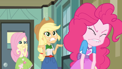 Size: 1280x720 | Tagged: safe, imported from derpibooru, screencap, applejack, fluttershy, pinkie pie, equestria girls, angry pie, cowboy hat, hand over mouth, hat, my little pony equestria girls, wince