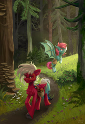 Size: 2612x3800 | Tagged: safe, artist:teaflower300, imported from derpibooru, oc, oc only, bat pony, pegasus, pony, bat pony oc, bat wings, duo, forest, nature, pegasus oc, tree, wings