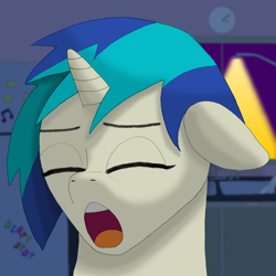 Size: 4096x4096 | Tagged: safe, artist:jorge, imported from derpibooru, dj pon-3, vinyl scratch, pony, unicorn, album cover, clock, detailed background, eyes closed, female, floppy ears, horn, kitchen, kitchen sink, mare, night, refrigerator, solo, yawn