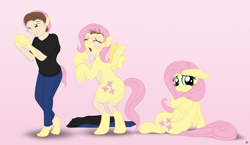 Size: 2519x1463 | Tagged: safe, artist:redpaladin, imported from derpibooru, fluttershy, human, pegasus, pony, human to pony, male to female, rule 63, transformation, transgender transformation