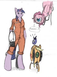 Size: 958x1280 | Tagged: safe, artist:coatl, imported from derpibooru, applejack, pinkie pie, princess luna, twilight sparkle, anthro, unguligrade anthro, unicorn, bipedal, clothes, crossover, emanata, glados, horn, jumpsuit, portal (valve), portal gun, simple background, turret, white background