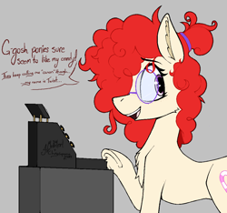 Size: 1020x953 | Tagged: safe, artist:chrysopoeia, artist:pinkberry, imported from derpibooru, twist, earth pony, alternate design, alternate hairstyle, cash register, chest fluff, cute, dialogue, ear fluff, female, freckles, glasses, hair over one eye, justice, mare, older, older twist, open mouth, open smile, smiling, solo, twistabetes, underhoof