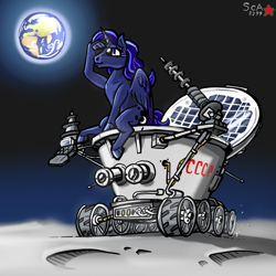 Size: 2400x2400 | Tagged: safe, artist:scarletdex8299, imported from derpibooru, princess luna, alicorn, pony, camera, cosmonaut, crater, dust, earth, exploring, female, flowing mane, history, irl, lunokhod, moon, photo, planet, ponies in real life, riding, sitting, soviet union, space, space race, technology, vehicle