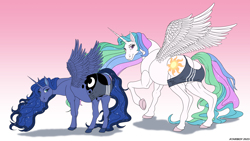 Size: 4800x2700 | Tagged: safe, artist:atariboy2600, imported from derpibooru, princess celestia, princess luna, alicorn, pony, adidas, butt, clothes, duo, duo female, female, gradient background, high res, hoers, looking at you, looking back, looking back at you, luna is not amused, mare, medium support, meme, moonbutt, pink background, plot, raised hoof, royal sisters, shadow, siblings, simple background, sisters, smiling, smiling at you, sports bra, spread wings, sunbutt, unamused, underhoof, wardrobe misuse, wings