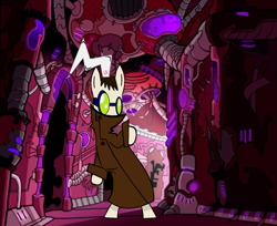 Size: 1801x1470 | Tagged: safe, artist:atomgatherer, imported from derpibooru, oc, oc:atom gatherer, earth pony, bipedal, goggles, hat, invader zim, long coat, pointing, professor membrane, solo