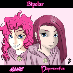 Size: 900x900 | Tagged: artist needed, safe, imported from derpibooru, pinkie pie, human, bipolar, clothes, curly hair, depressed, female, hoodie, humanized, manic, mental illness, pink background, pinkamena diane pie, signature, simple background, straight hair