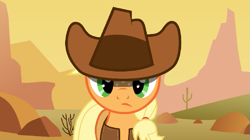 Size: 799x448 | Tagged: safe, artist:agrol, imported from derpibooru, applejack, earth pony, pony, 2014, age regression, artifact, cowboy, cowboy hat, desert, female, filly, foal, hat, just be me, old art, solo, young, younger