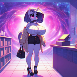 Size: 1024x1024 | Tagged: safe, imported from derpibooru, oc, oc only, anthro, unicorn, abstract background, adorasexy, ai content, ai generated, bag, big breasts, breasts, busty oc, cash register, choker, clothes, collar, counter, curvy, cute, female, handbag, high heels, horn, hourglass figure, huge breasts, jacket, not rarity, prompter:horselover fat, purse, sexy, shelves, shoes, shorts, solo, standing, store, surreal, tanktop, tiled floor, unicorn oc, wide hips