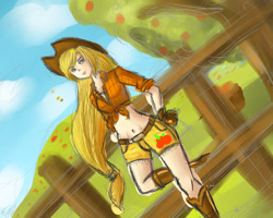 Size: 900x720 | Tagged: safe, artist:moonfullite, imported from derpibooru, applejack, human, apple, apple tree, applejack's hat, belly button, boots, clothes, cowboy boots, cowboy hat, daisy dukes, fence, food, freckles, hat, humanized, leaning back, shoes, shorts, tree