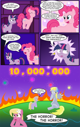 Size: 1116x1781 | Tagged: safe, imported from derpibooru, derpy hooves, dinky hooves, lily, lily valley, pinkie pie, twilight sparkle, earth pony, pegasus, unicorn, equestria daily, blushing, bouncing, fire, fireworks, horn, sweat, sweatdrop, the horror