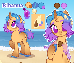 Size: 3500x3000 | Tagged: safe, artist:nika-rain, imported from derpibooru, oc, oc only, oc:rihanna, pony, unicorn, beach, color palette, colored hooves, colored pupils, courved horn, cute, cutie mark, eye clipping through hair, female, freckles, gradient horn, gradient legs, gradient mane, gradient tail, hoof polish, horn, jewelry, necklace, ocean, raised hoof, reference, reference sheet, shawl, show accurate, sky, standing, tail, unshorn fetlocks, vector, water