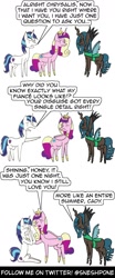 Size: 1000x2400 | Tagged: safe, artist:sneshpone, imported from derpibooru, princess cadance, queen chrysalis, shining armor, alicorn, changeling, changeling queen, pony, unicorn, 3 panel comic, comic, crown, cutie mark, dialogue, female, horn, implied sex, infidelity, jewelry, regalia, simple background, tiara, white background, wings