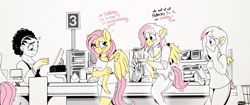 Size: 3336x1400 | Tagged: safe, artist:foxxy-arts, imported from derpibooru, fluttershy, anthro, human, pegasus, cashier, checkout line, dialogue, embarrassed, female, grocery store, high res, human to anthro, multeity, partial color, simple background, transformation