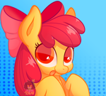 Size: 1338x1200 | Tagged: safe, artist:mayhemtown, imported from derpibooru, apple bloom, earth pony, pony, big eyes, bow, colored lineart, colored pupils, cute, gradient background, hair bow, looking at you, polka dot background, rainbow, raised hooves, simple background, smiling, smiling at you, solo, tongue out